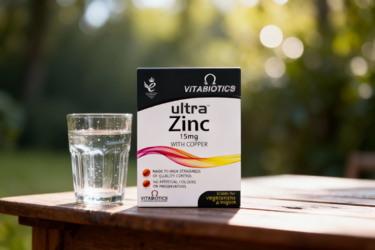 قرص اولترا زینک ویتابیوتیکس کنار لیوان آب